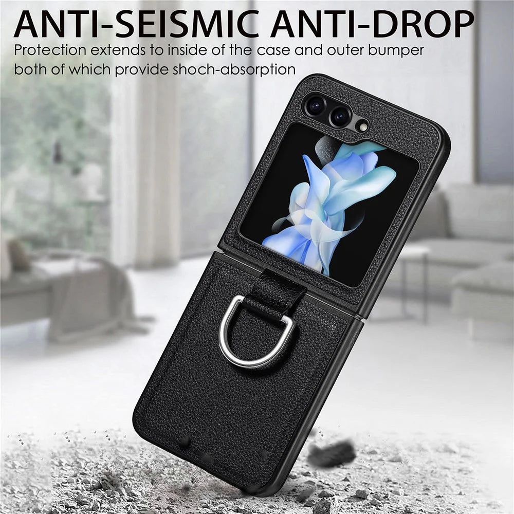 For Samsung Galaxy Z Flip5 5G Kickstand Phone Case Litchi Texture Leather+Hard PC Protective Cover - Black - 2