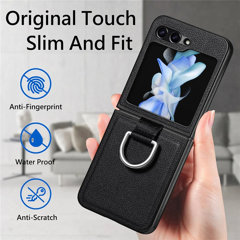 For Samsung Galaxy Z Flip5 5G Kickstand Phone Case Litchi Texture Leather+Hard PC Protective Cover - Black - 3
