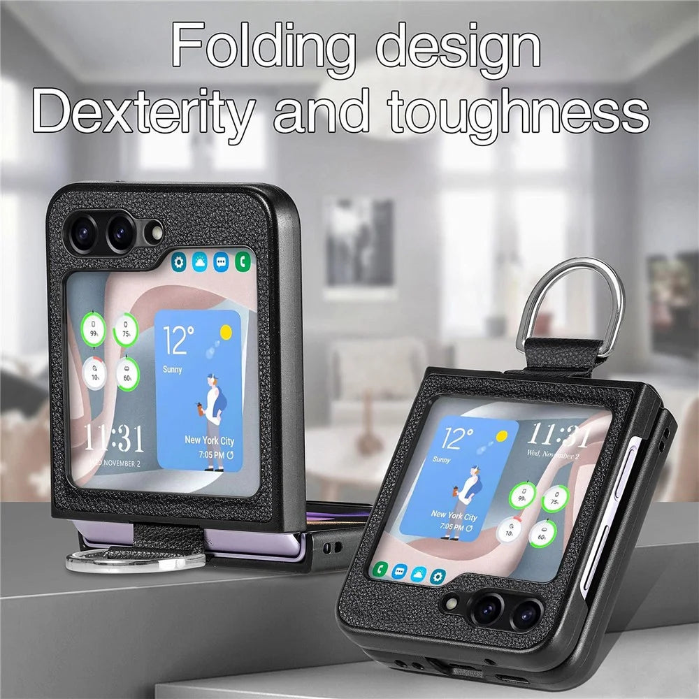 For Samsung Galaxy Z Flip5 5G Kickstand Phone Case Litchi Texture Leather+Hard PC Protective Cover - Black - 4
