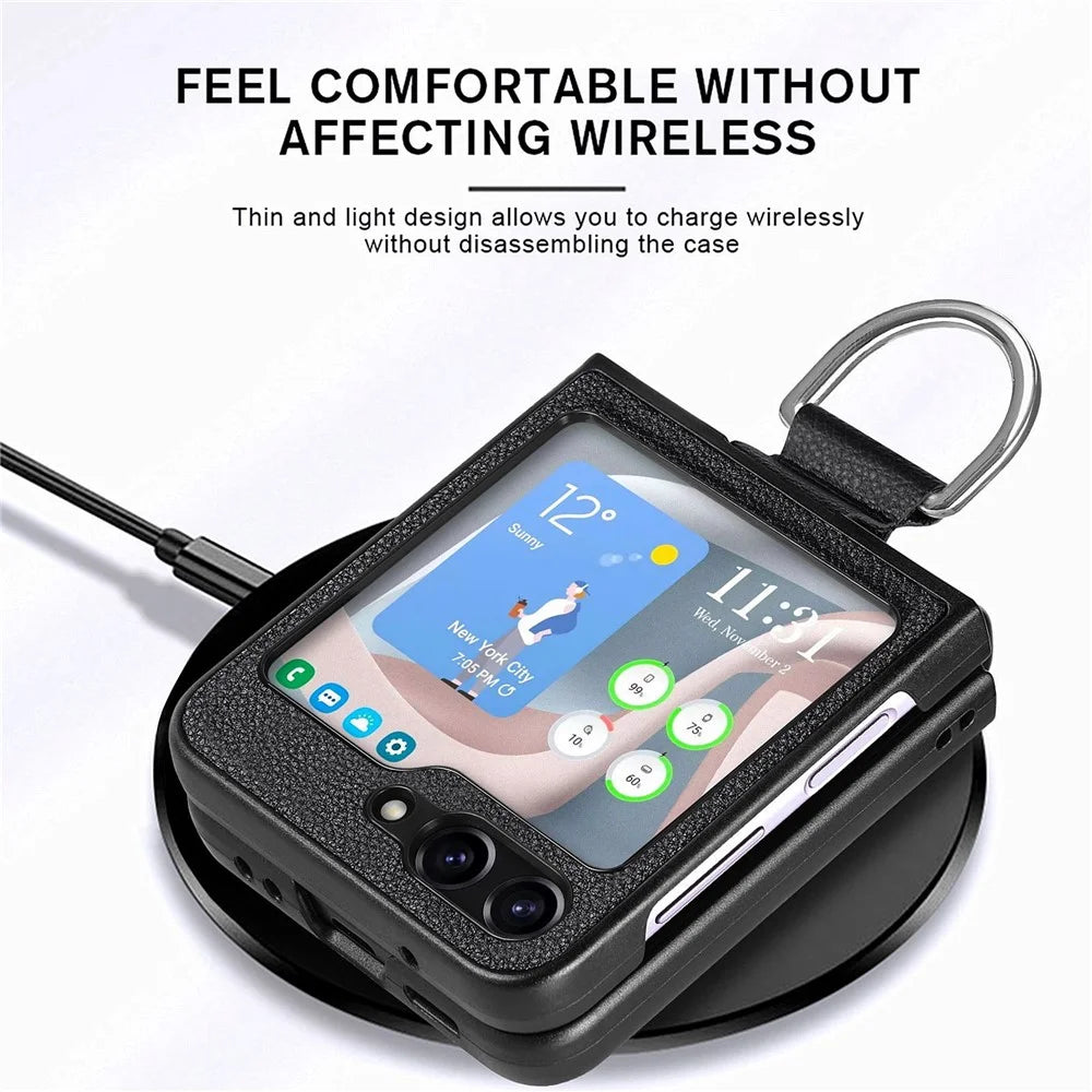 For Samsung Galaxy Z Flip5 5G Kickstand Phone Case Litchi Texture Leather+Hard PC Protective Cover - Black - 7