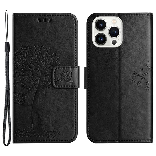 For iPhone 15 Pro Max Phone Wallet Case PU Leather Owl Tree Imprinted Stand Phone Cover - Black - 1