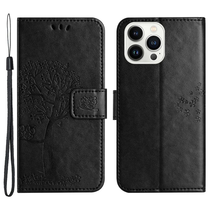 For iPhone 15 Pro Max Phone Wallet Case PU Leather Owl Tree Imprinted Stand Phone Cover - Black - 1