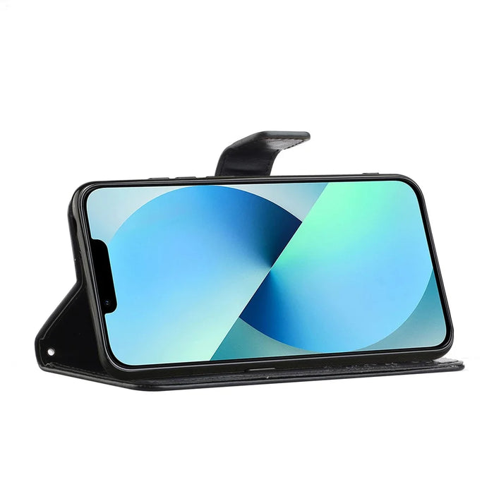 For iPhone 15 Pro Max Phone Wallet Case PU Leather Owl Tree Imprinted Stand Phone Cover - Black - 2
