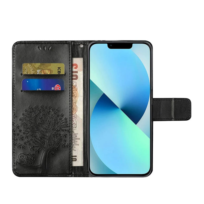 For iPhone 15 Pro Max Phone Wallet Case PU Leather Owl Tree Imprinted Stand Phone Cover - Black - 3