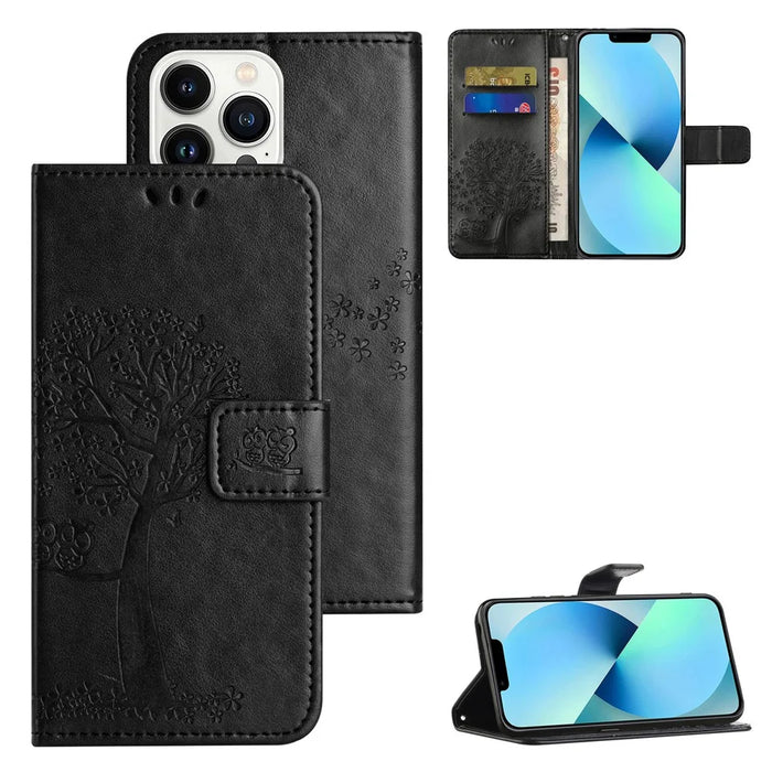 For iPhone 15 Pro Max Phone Wallet Case PU Leather Owl Tree Imprinted Stand Phone Cover - Black - 6