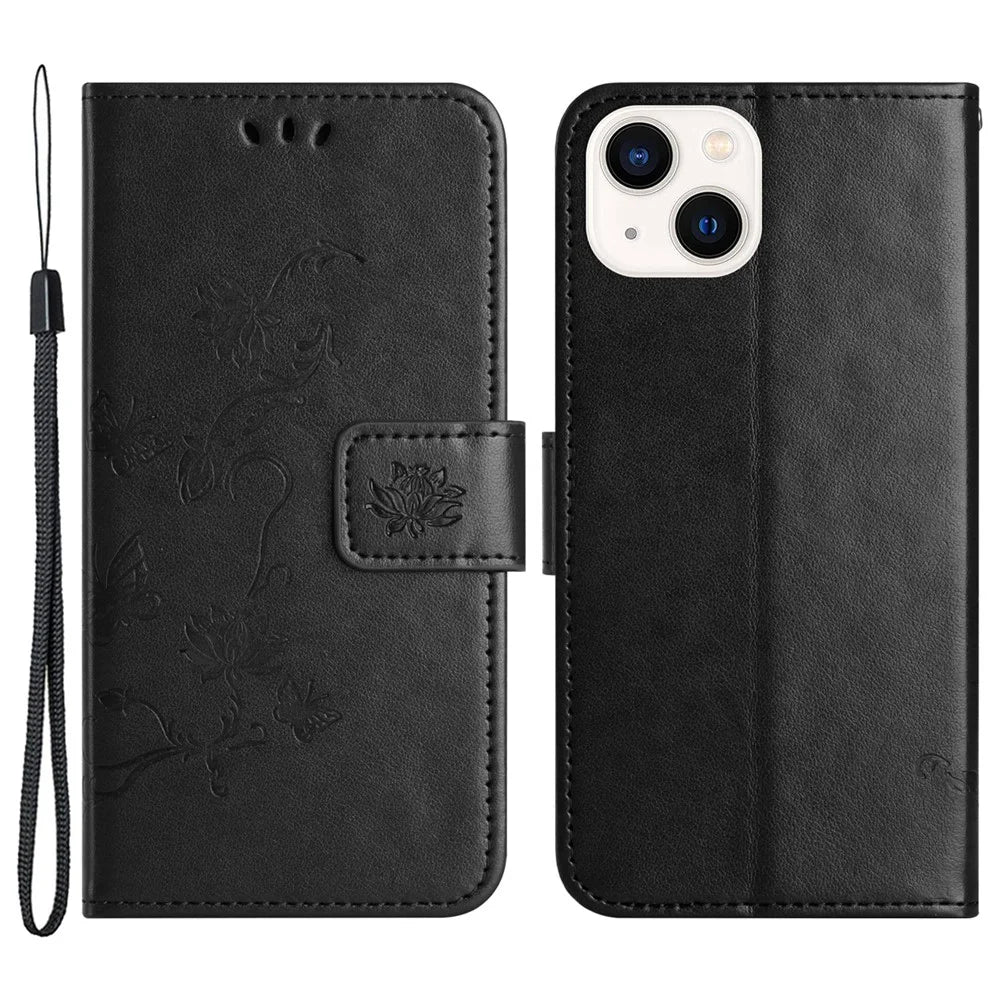 PU Leather Wallet Phone Case for iPhone 15 , Butterfly Flower Imprinted Stand Smartphone Cover - Black - 1