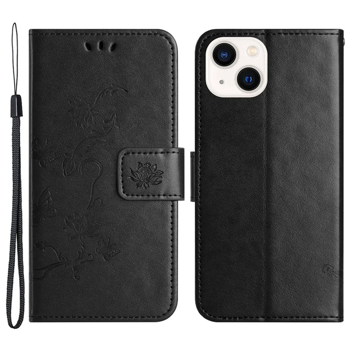 PU Leather Wallet Phone Case for iPhone 15 , Butterfly Flower Imprinted Stand Smartphone Cover - Black - 1