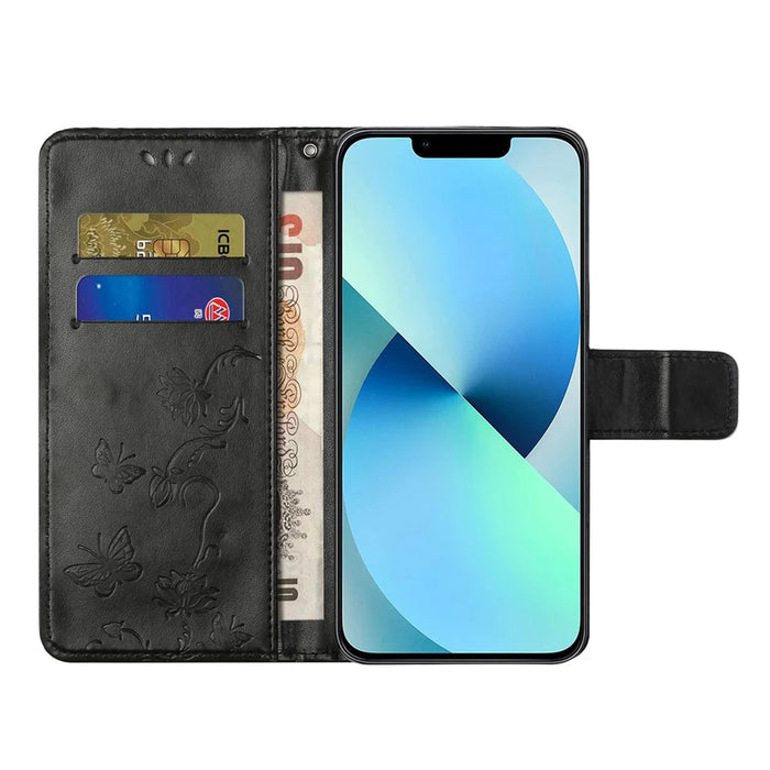 PU Leather Wallet Phone Case for iPhone 15 , Butterfly Flower Imprinted Stand Smartphone Cover - Black - 3