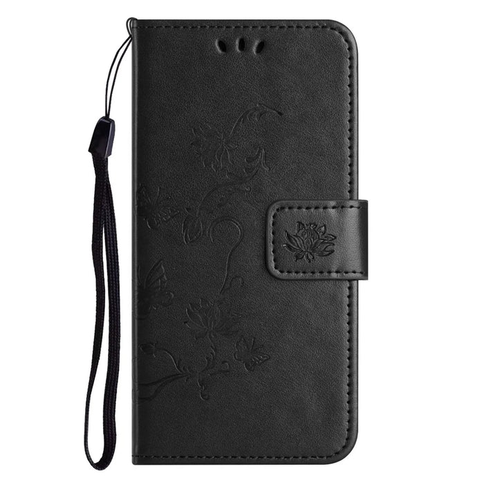 PU Leather Wallet Phone Case for iPhone 15 , Butterfly Flower Imprinted Stand Smartphone Cover - Black - 4