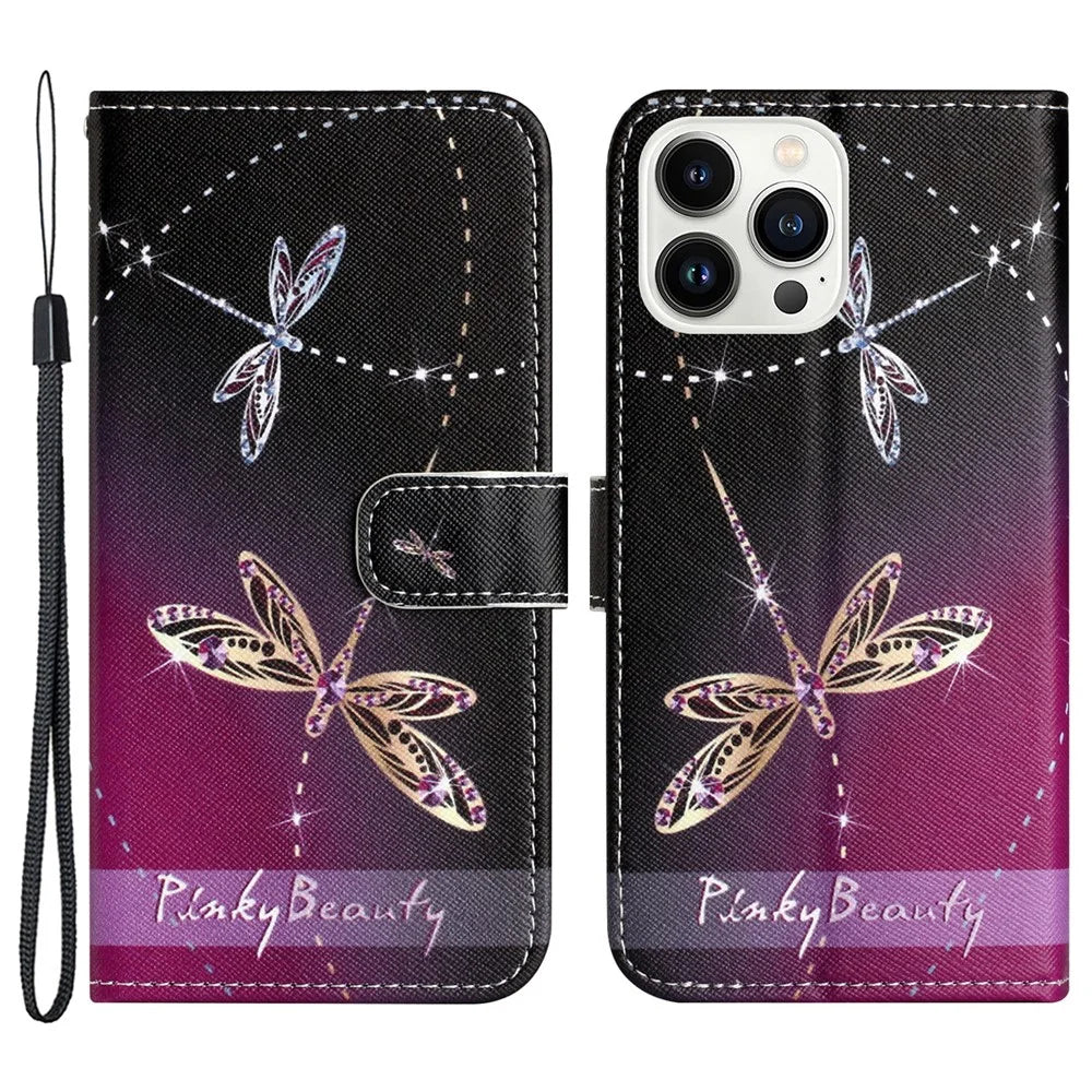 For iPhone 15 Pro Max Wallet Case PU Leather 3D Pattern Printing Stand Phone Cover - Dragonflies - 1
