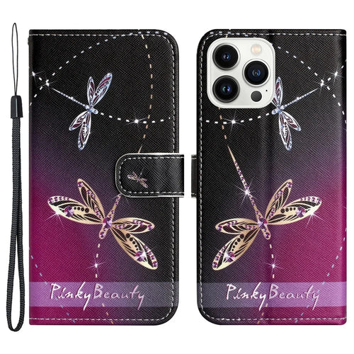 For iPhone 15 Pro Max Wallet Case PU Leather 3D Pattern Printing Stand Phone Cover - Dragonflies - 1