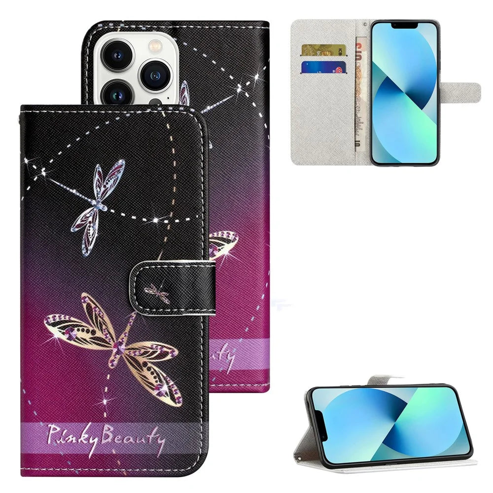 For iPhone 15 Pro Max Wallet Case PU Leather 3D Pattern Printing Stand Phone Cover - Dragonflies - 6