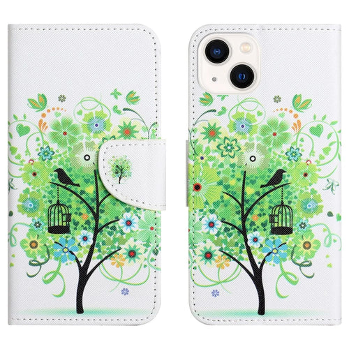 For iPhone 15 Plus PU Leather Wallet Case Pattern Printing Stand Phone Cover - Green Tree - 1