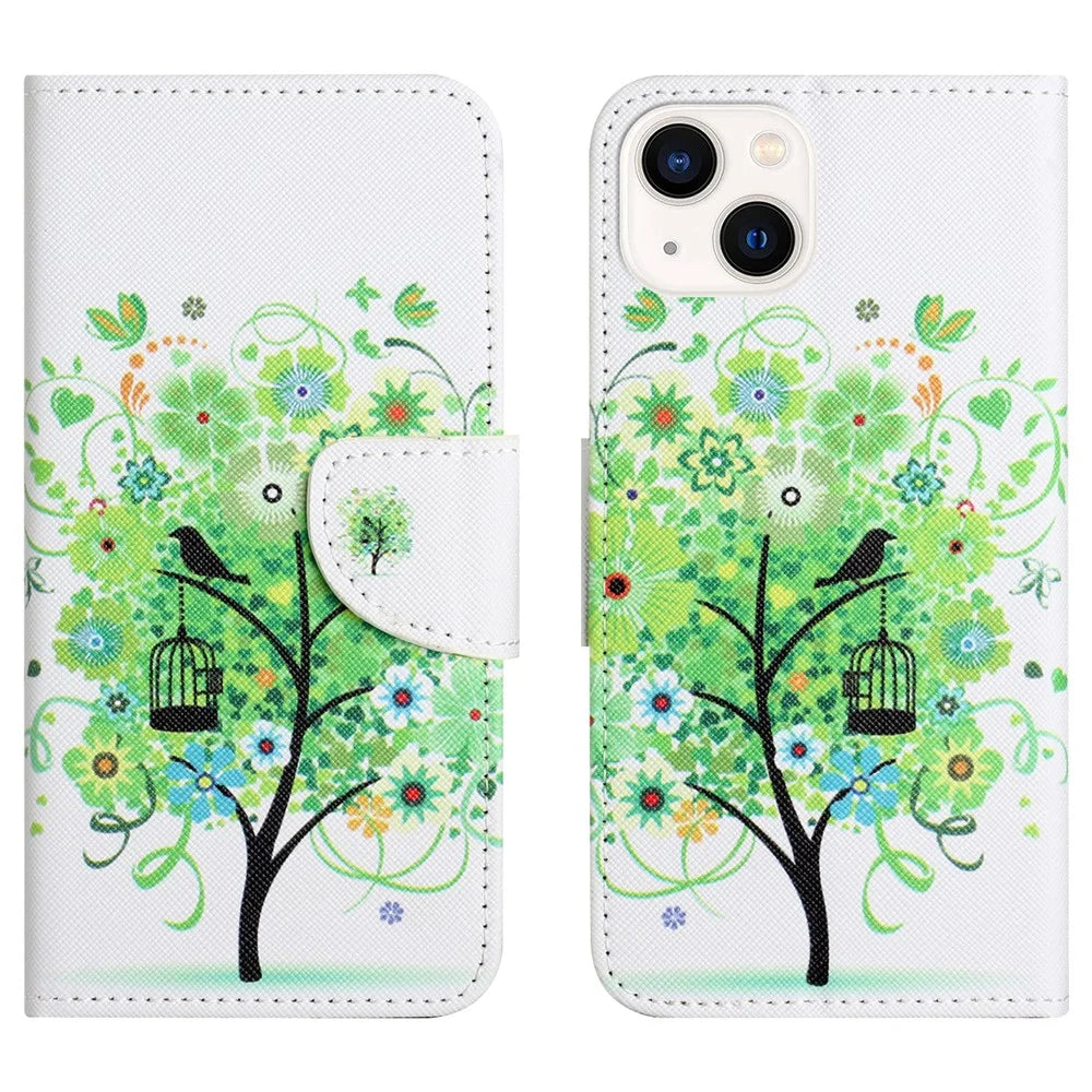 For iPhone 15 Plus PU Leather Wallet Case Pattern Printing Stand Phone Cover - Green Tree - 1
