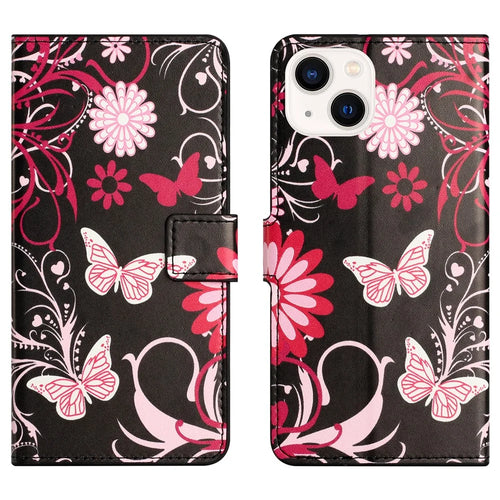 For iPhone 15 Plus Folio Wallet Case PU Leather Pattern Printing Stand Phone Cover - Black / Butterflies - 1