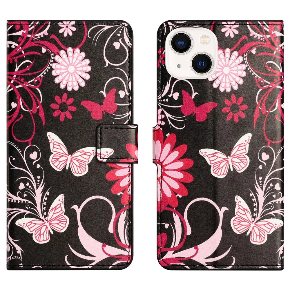 For iPhone 15 Plus Folio Wallet Case PU Leather Pattern Printing Stand Phone Cover - Black / Butterflies - 1