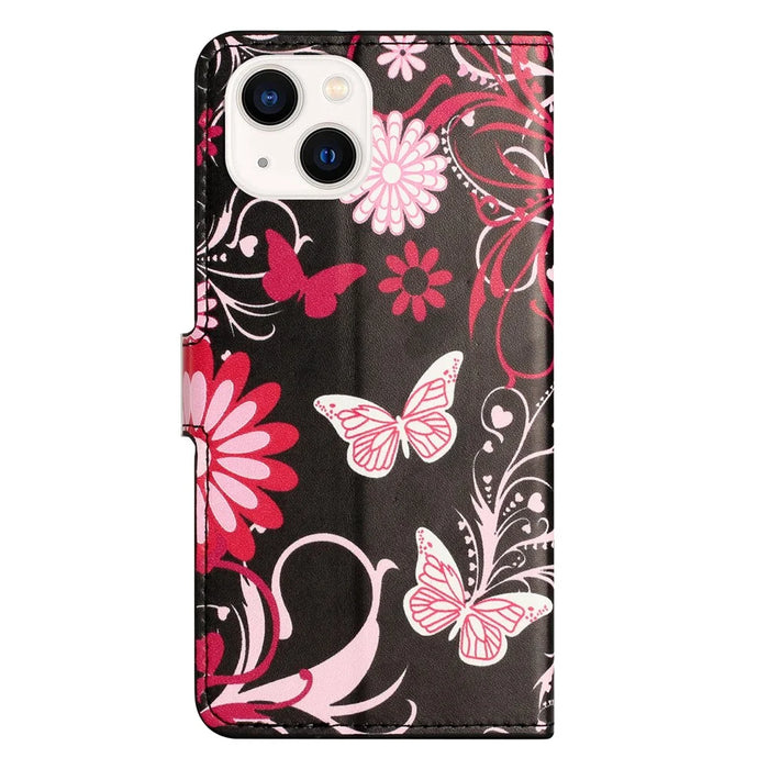 For iPhone 15 Plus Folio Wallet Case PU Leather Pattern Printing Stand Phone Cover - Black / Butterflies - 5
