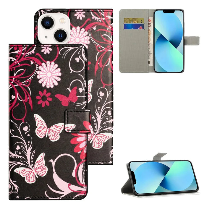 For iPhone 15 Plus Folio Wallet Case PU Leather Pattern Printing Stand Phone Cover - Black / Butterflies - 6