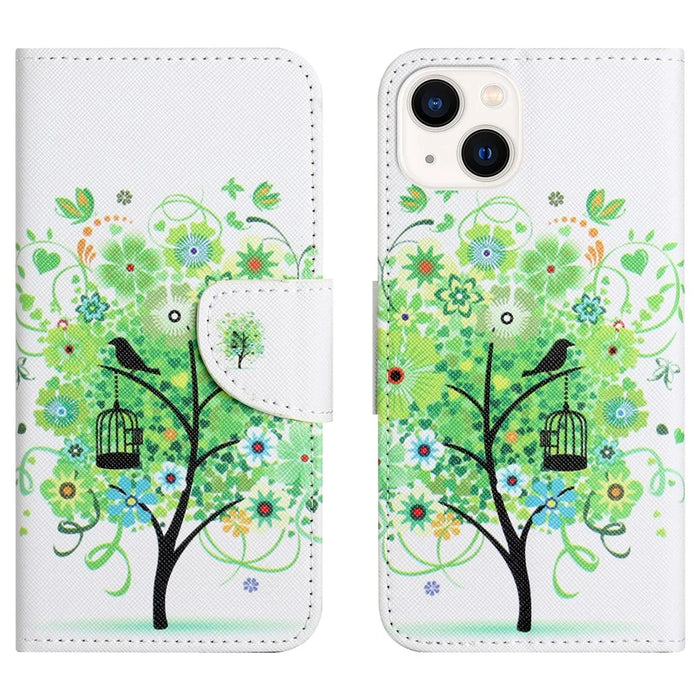 For iPhone 15 Cross Texture Leather Wallet Stand Case Pattern Printing Phone Cover - Green Tree - 1