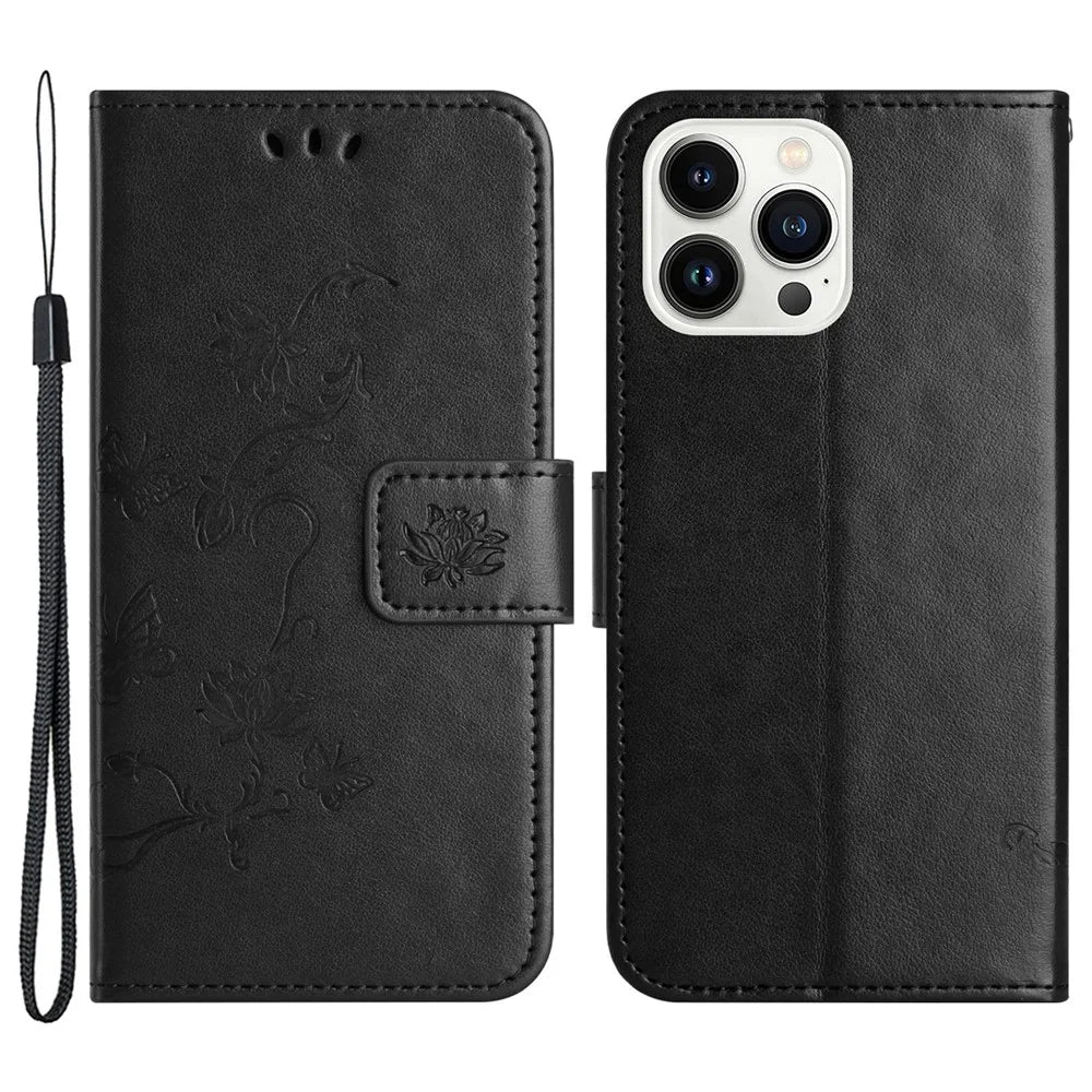 Butterfly Flower Imprinted Leather Case for iPhone 15 Pro , Stand Waller Protective Phone Cover - Black - 1