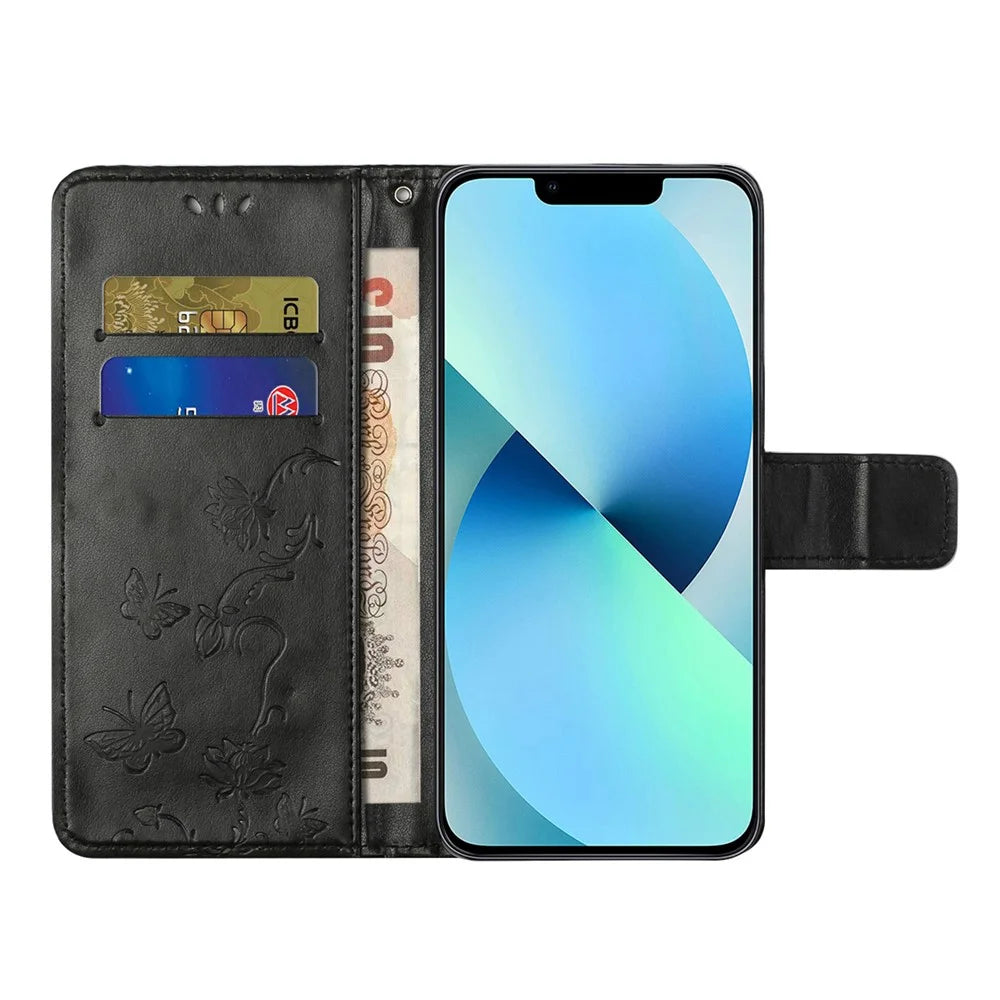 Butterfly Flower Imprinted Leather Case for iPhone 15 Pro , Stand Waller Protective Phone Cover - Black - 3
