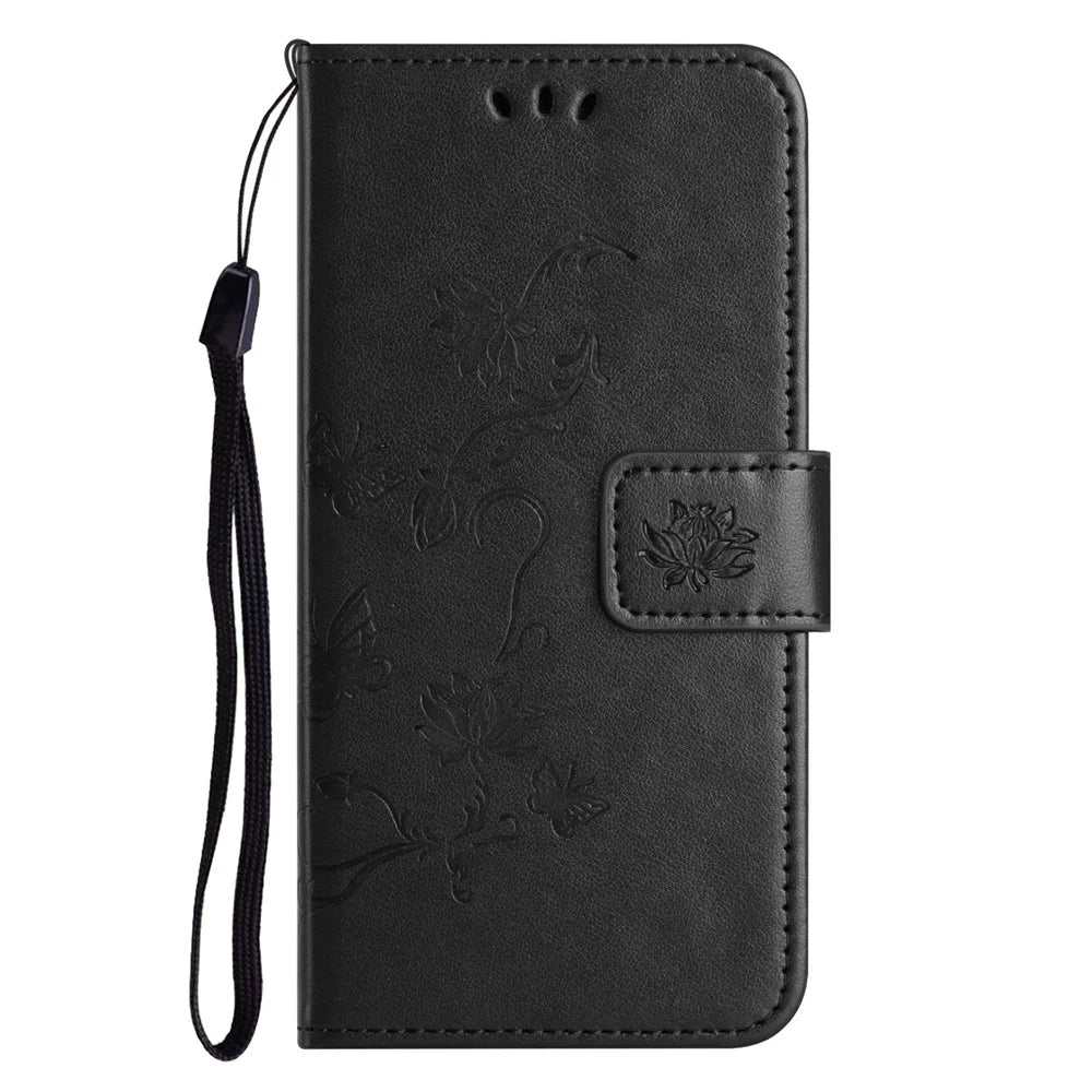 Butterfly Flower Imprinted Leather Case for iPhone 15 Pro , Stand Waller Protective Phone Cover - Black - 4