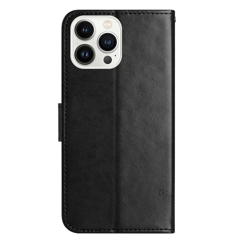 Butterfly Flower Imprinted Leather Case for iPhone 15 Pro , Stand Waller Protective Phone Cover - Black - 5