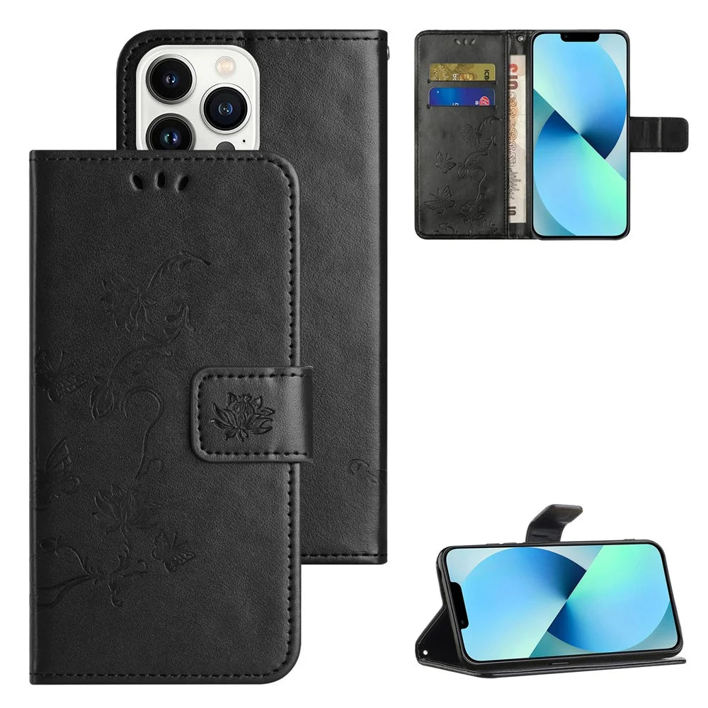 Butterfly Flower Imprinted Leather Case for iPhone 15 Pro , Stand Waller Protective Phone Cover - Black - 6