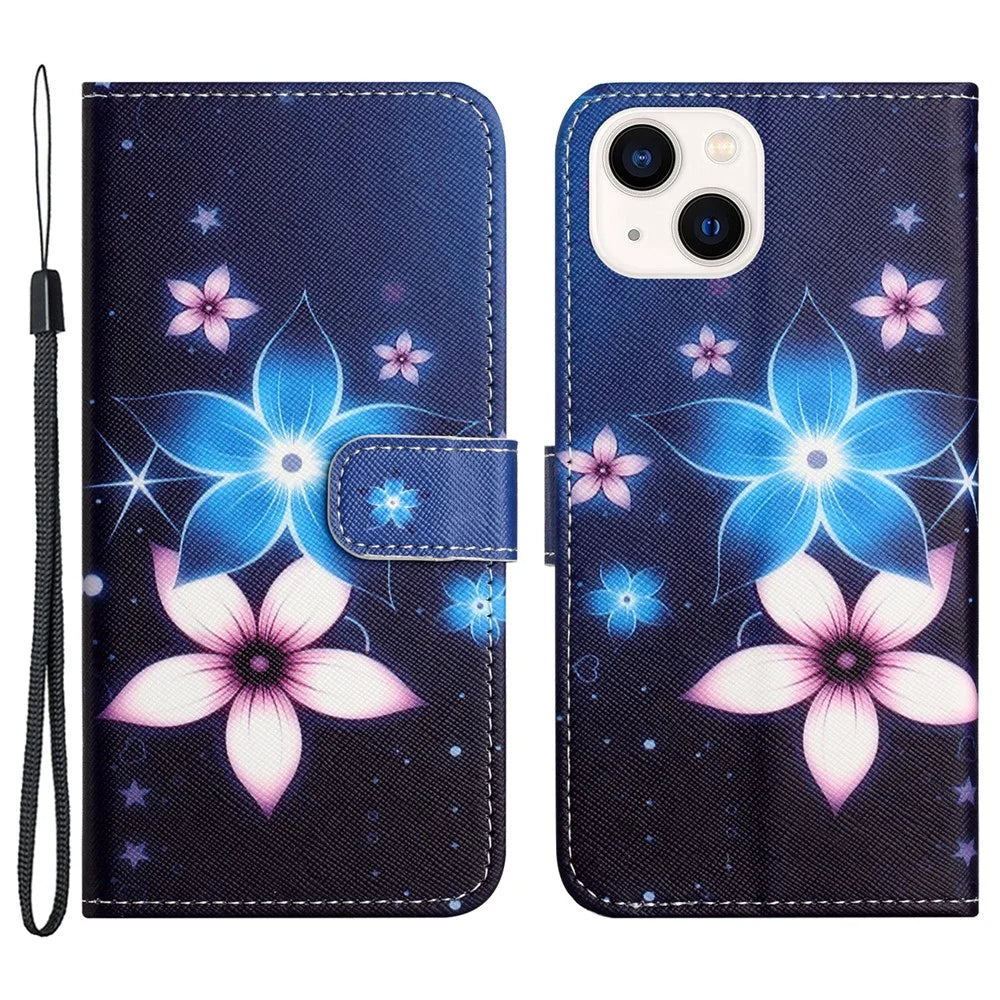 For iPhone 15 Plus Leather Case 3D Pattern Printing Wallet Stand Phone Cover - Blue Flower - 1