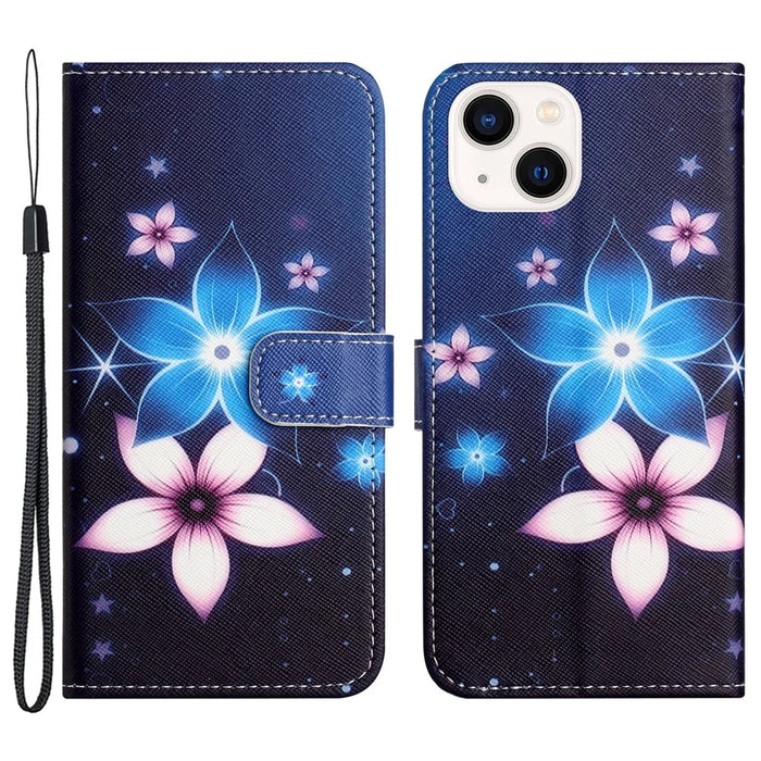 For iPhone 15 Plus Leather Case 3D Pattern Printing Wallet Stand Phone Cover - Blue Flower - 1