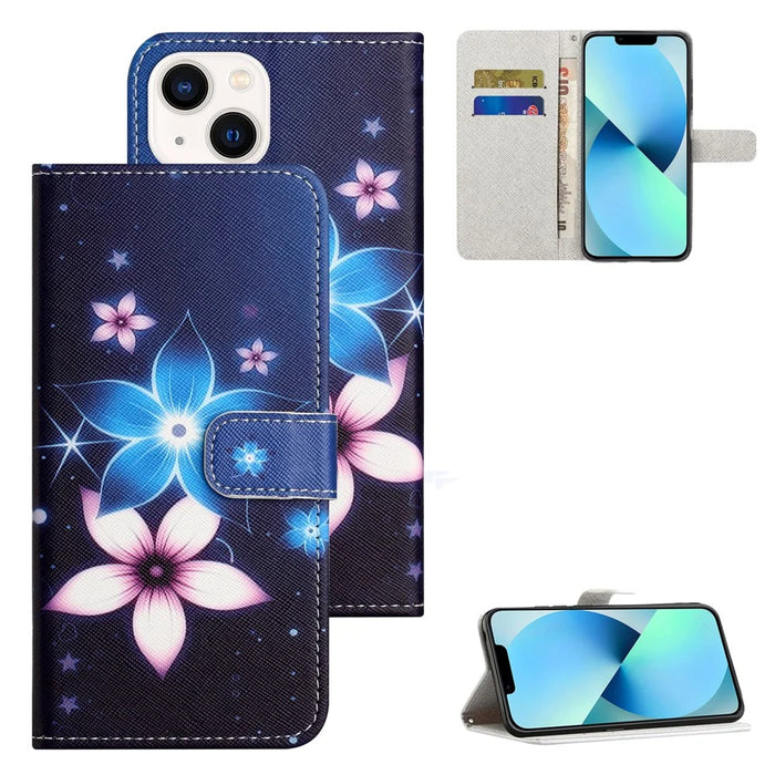 For iPhone 15 Plus Leather Case 3D Pattern Printing Wallet Stand Phone Cover - Blue Flower - 6