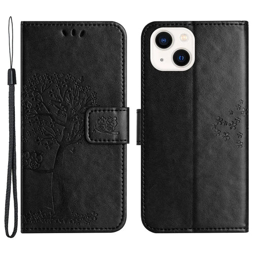 For iPhone 15 Plus Stand Wallet Phone Cover PU Leather + TPU Owl Tree Imprinted Case - Black - 1