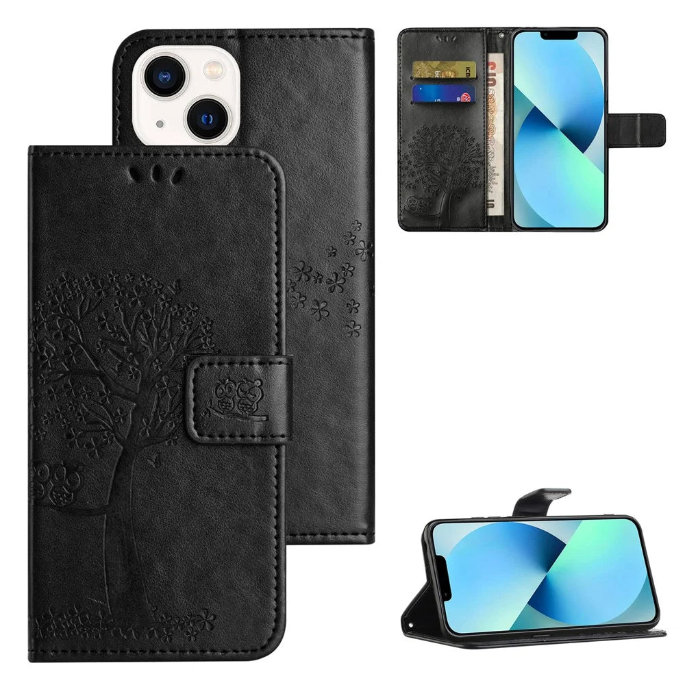For iPhone 15 Plus Stand Wallet Phone Cover PU Leather + TPU Owl Tree Imprinted Case - Black - 6