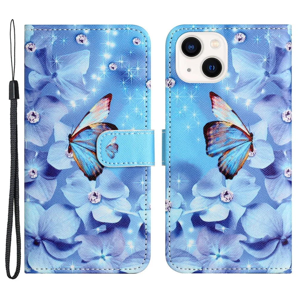For iPhone 15 Flip Leather Wallet Case 3D Pattern Printing Stand Phone Cover - Flower and Butterfly - 1