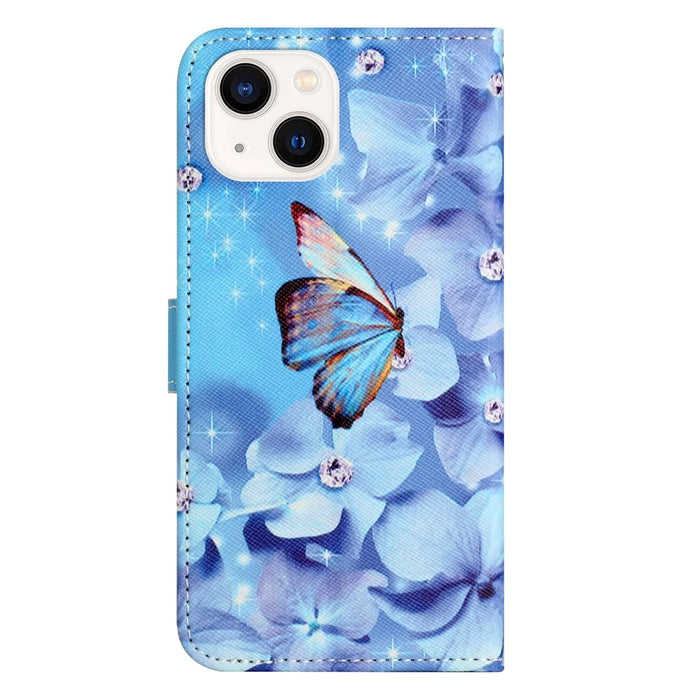 For iPhone 15 Flip Leather Wallet Case 3D Pattern Printing Stand Phone Cover - Flower and Butterfly - 5