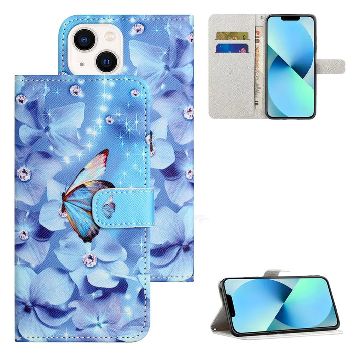 For iPhone 15 Flip Leather Wallet Case 3D Pattern Printing Stand Phone Cover - Flower and Butterfly - 6