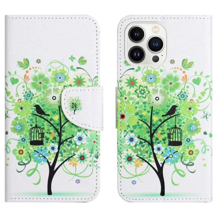 For iPhone 15 Pro PU Leather Drop-proof Phone Case Pattern Printing Wallet Stand Cover - Green Tree - 1