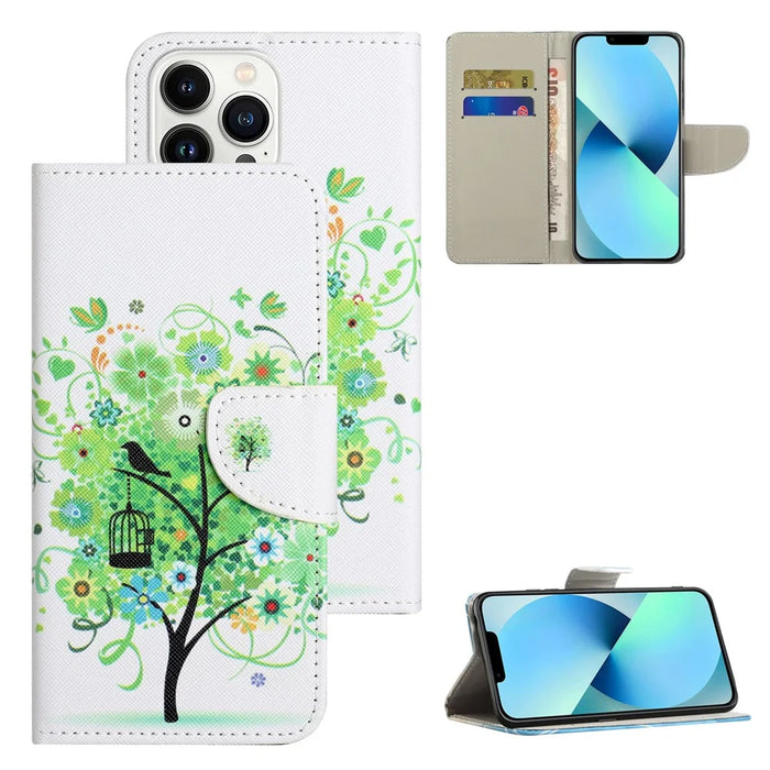 For iPhone 15 Pro PU Leather Drop-proof Phone Case Pattern Printing Wallet Stand Cover - Green Tree - 6