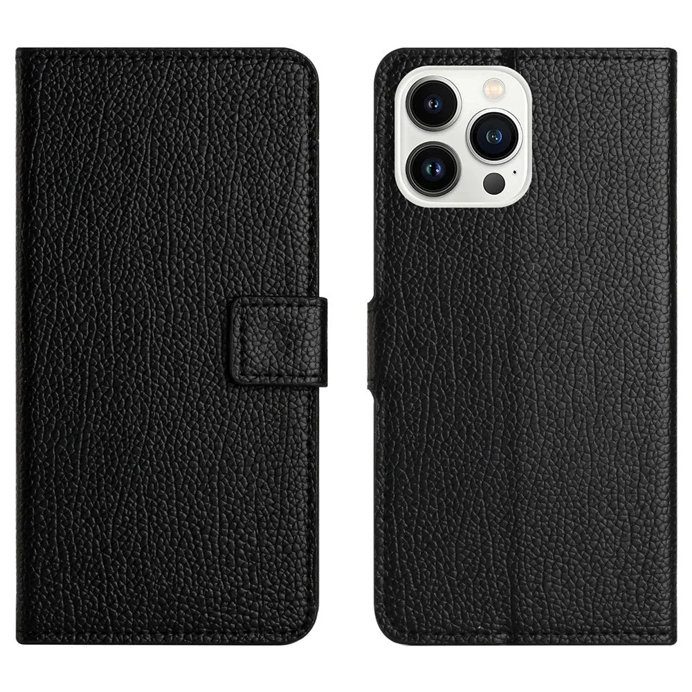 PU Leather Phone Case for iPhone 15 Pro Max ,  Wallet Stand Litchi Texture Phone Cover - Black - 1