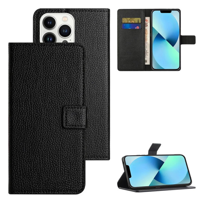 PU Leather Phone Case for iPhone 15 Pro Max ,  Wallet Stand Litchi Texture Phone Cover - Black - 6