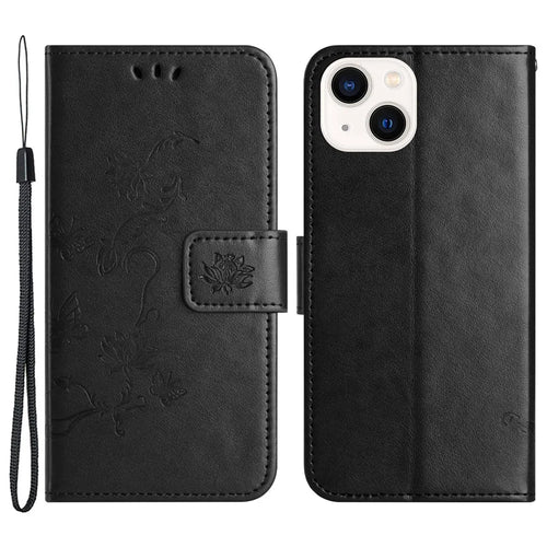Wallet Stand Phone Case for iPhone 15 Plus , Butterfly Flower Imprinted PU Leather Phone Cover - Black - 1