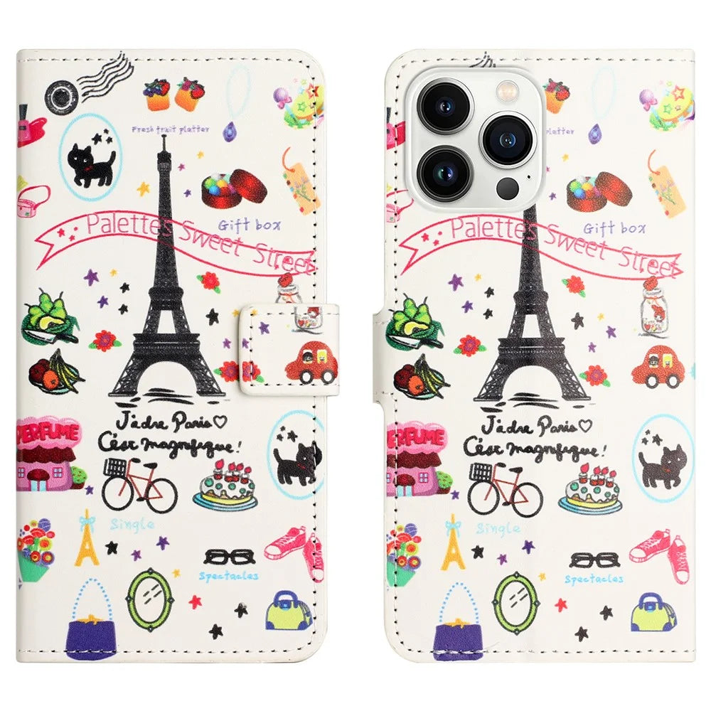 For iPhone 15 Pro Max PU Leather Flip Protective Case Pattern Printing Stand Wallet Phone Cover - Iron Tower - 1