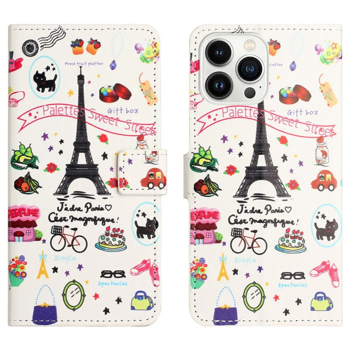 For iPhone 15 Pro Max PU Leather Flip Protective Case Pattern Printing Stand Wallet Phone Cover - Iron Tower - 1