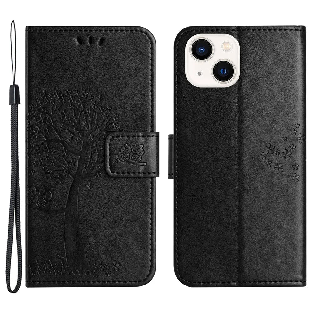 Phone Leather Case for iPhone 15 , Stand Wallet Owl Tree Imprinted Full Protection Phone Cover - Black - 1