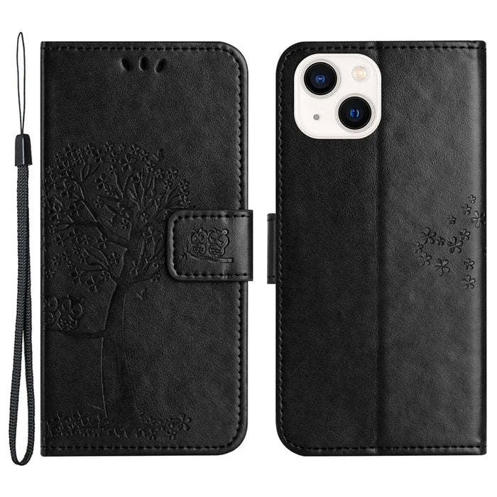 Phone Leather Case for iPhone 15 , Stand Wallet Owl Tree Imprinted Full Protection Phone Cover - Black - 1