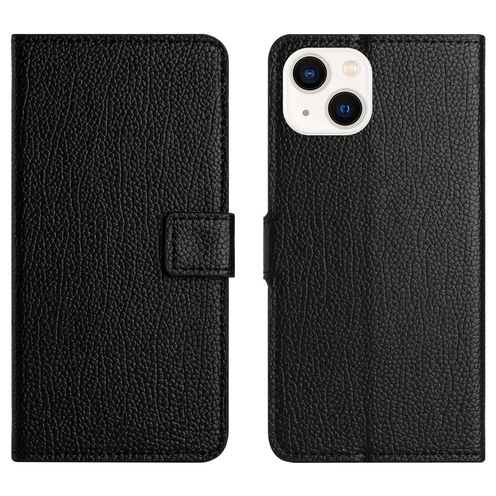 Litchi Texture PU Leather Phone Case for iPhone 15 ,  Wallet Stand Anti-drop Cover - Black - 1