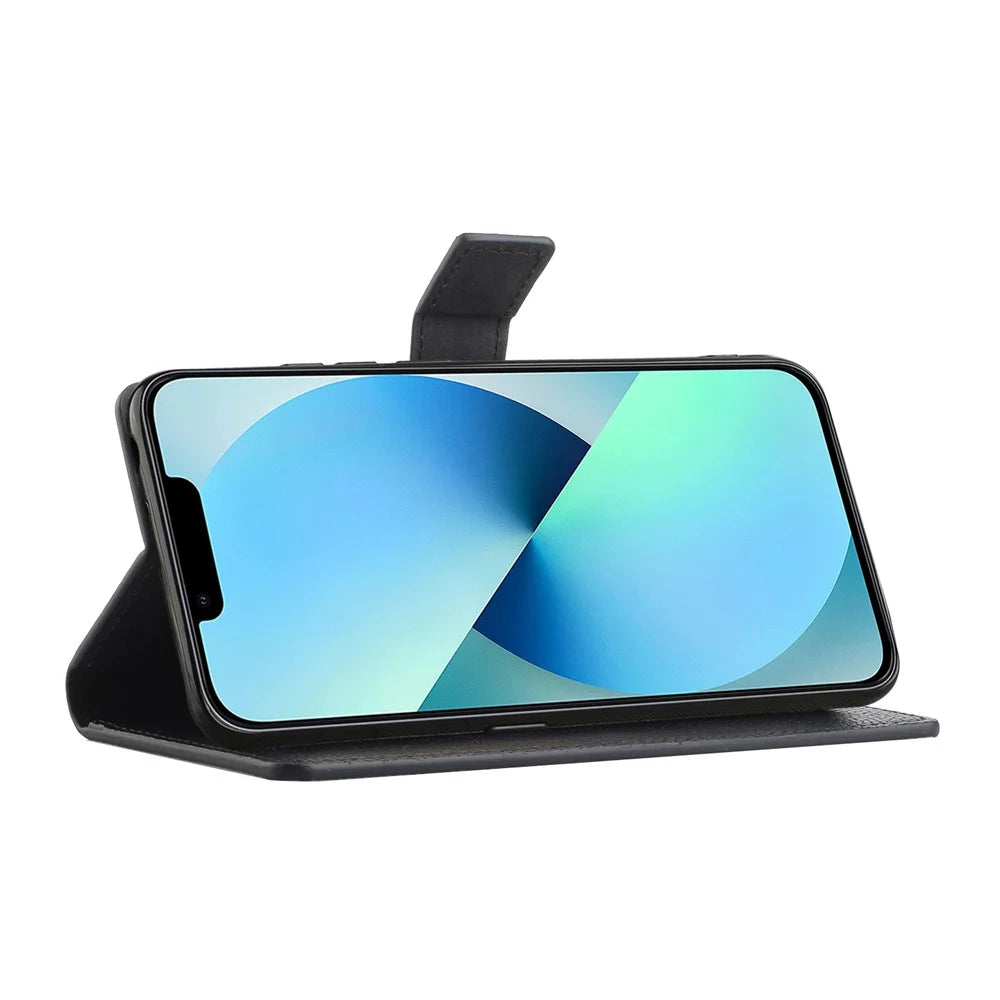 Litchi Texture PU Leather Phone Case for iPhone 15 ,  Wallet Stand Anti-drop Cover - Black - 2