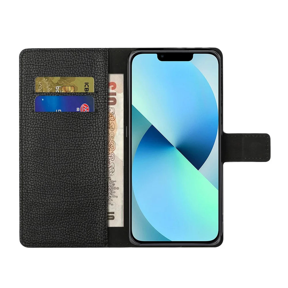Litchi Texture PU Leather Phone Case for iPhone 15 ,  Wallet Stand Anti-drop Cover - Black - 3