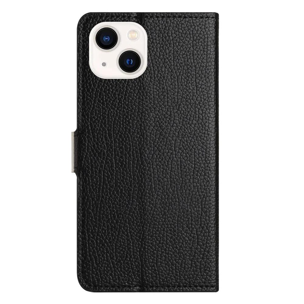 Litchi Texture PU Leather Phone Case for iPhone 15 ,  Wallet Stand Anti-drop Cover - Black - 5