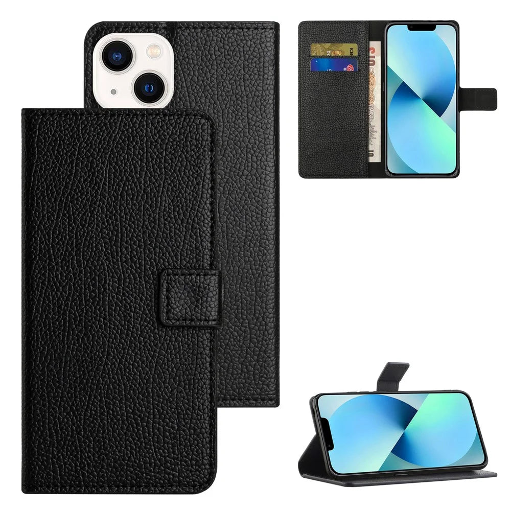 Litchi Texture PU Leather Phone Case for iPhone 15 ,  Wallet Stand Anti-drop Cover - Black - 6